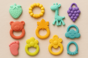 Colorful back teeth teethers for babies on a soft background