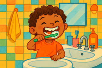 Child brushing teeth at bedtime in a colorful bathroom