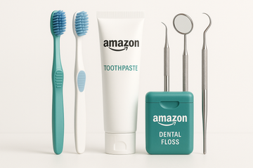 Amazon dental kit with toothbrushes, toothpaste, and dental floss for oral hygiene.