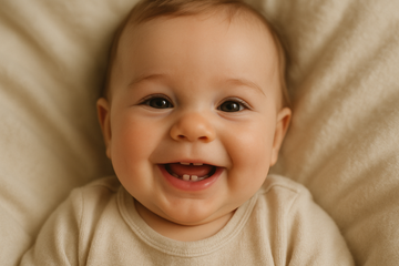 A baby smiling with emerging teeth in a comforting setting.